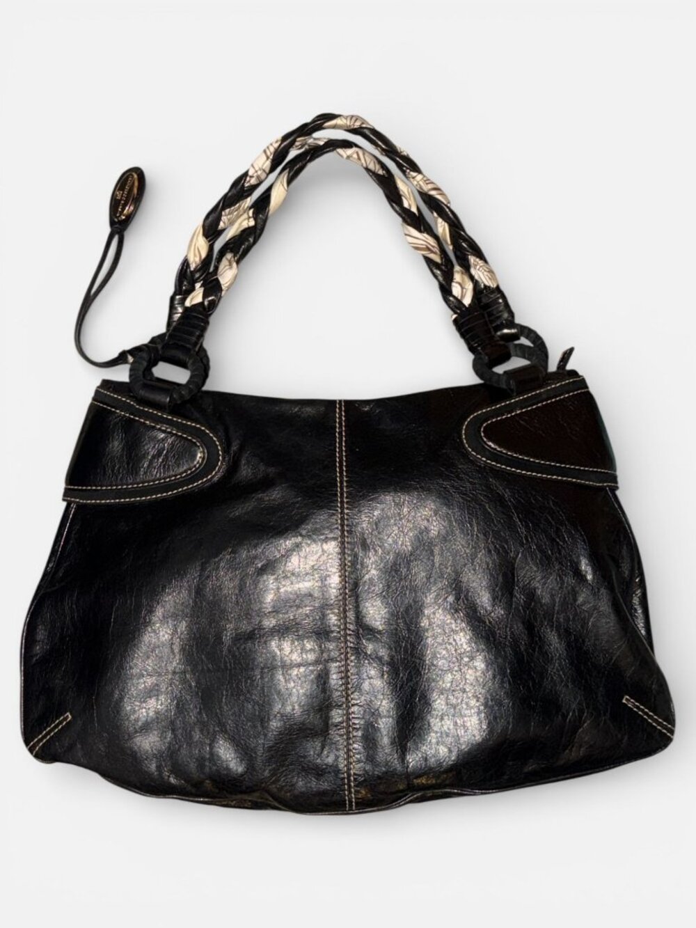Francesco Biasia Braided Handle Hobo Black Glazed Leather Shoulder Bag Boho - Picture 3 of 9